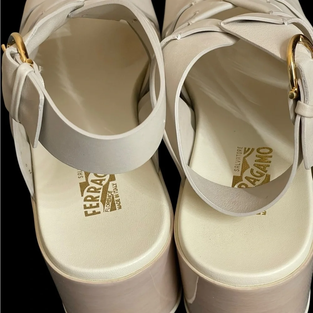 SALVATORE FERRAGAMO EUGENIA PLATFORM SADDLE SOFT LEATHER SANDALS 10C